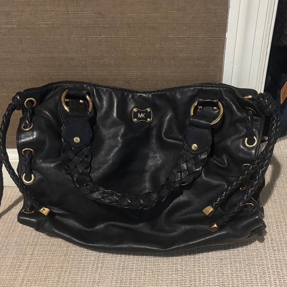 Michael Kors Black Braided-Handle Shoulder Tote with Gold Hardware